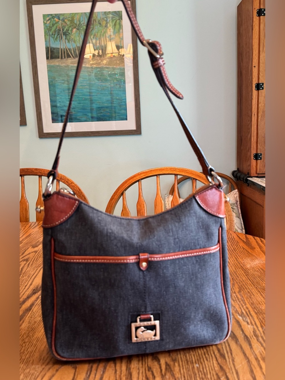 Dooney & Bourke Logo DB Black Gray Denim Shoulder Purse Leather Trim Bag Handbag